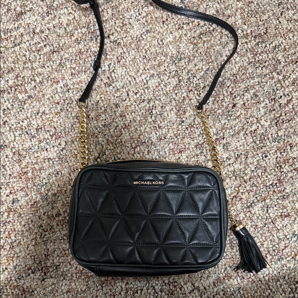 Michael Kors Black Quilted Crossbody with Gold Chain